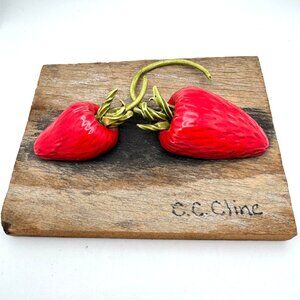 Original Carol Cline Ceramic Strawberries Sculpture Wall Art Barn Wood Plaque